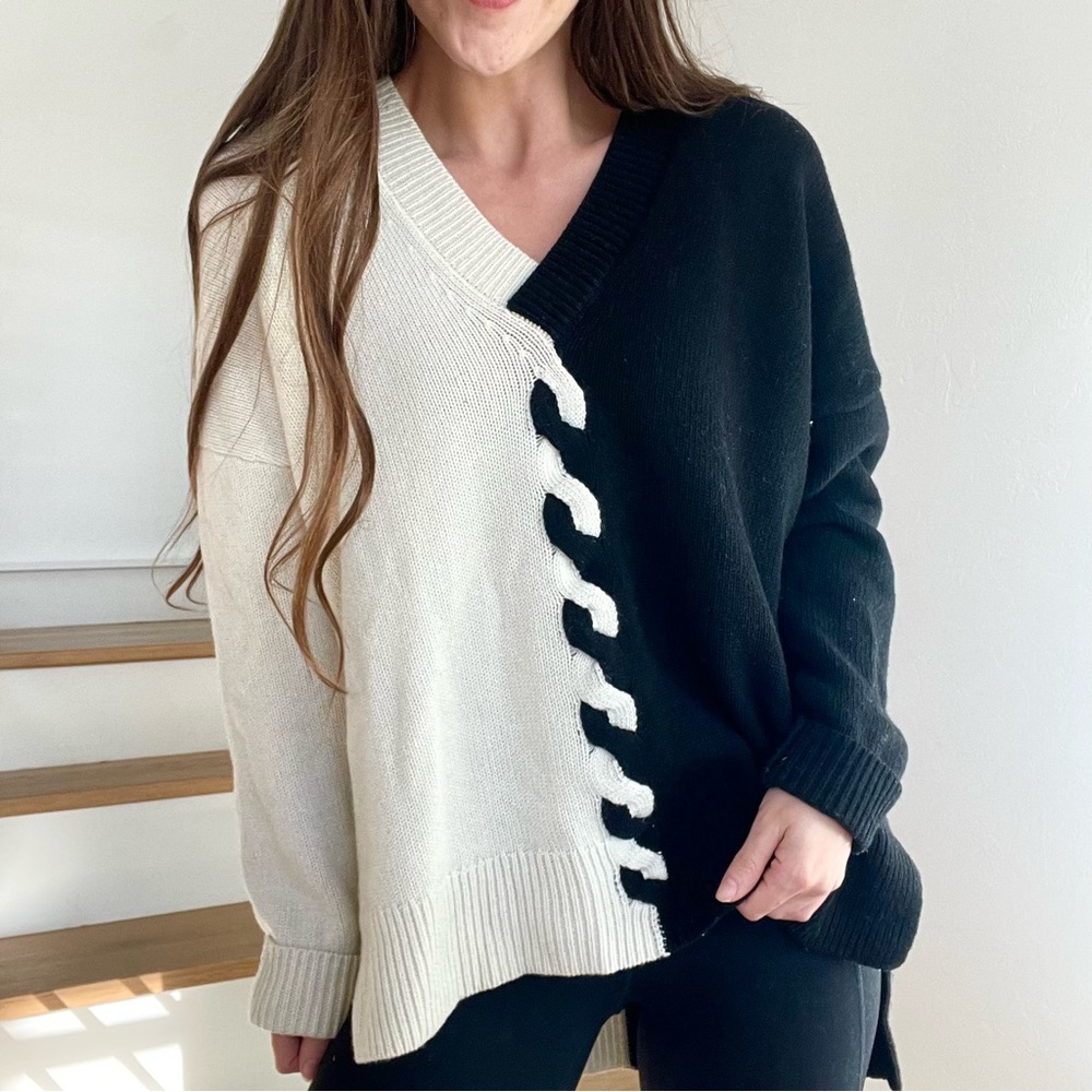 Pearl by Lela Rose Yin Yang Black White Cable Knit Wool Cashmere Sweater Small